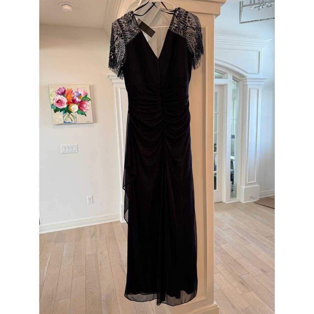 Xscape Women's Navy Sheer Flutter Sleeve V-Neck Beaded Slim Gown Size 10 - Picture 6 of 10